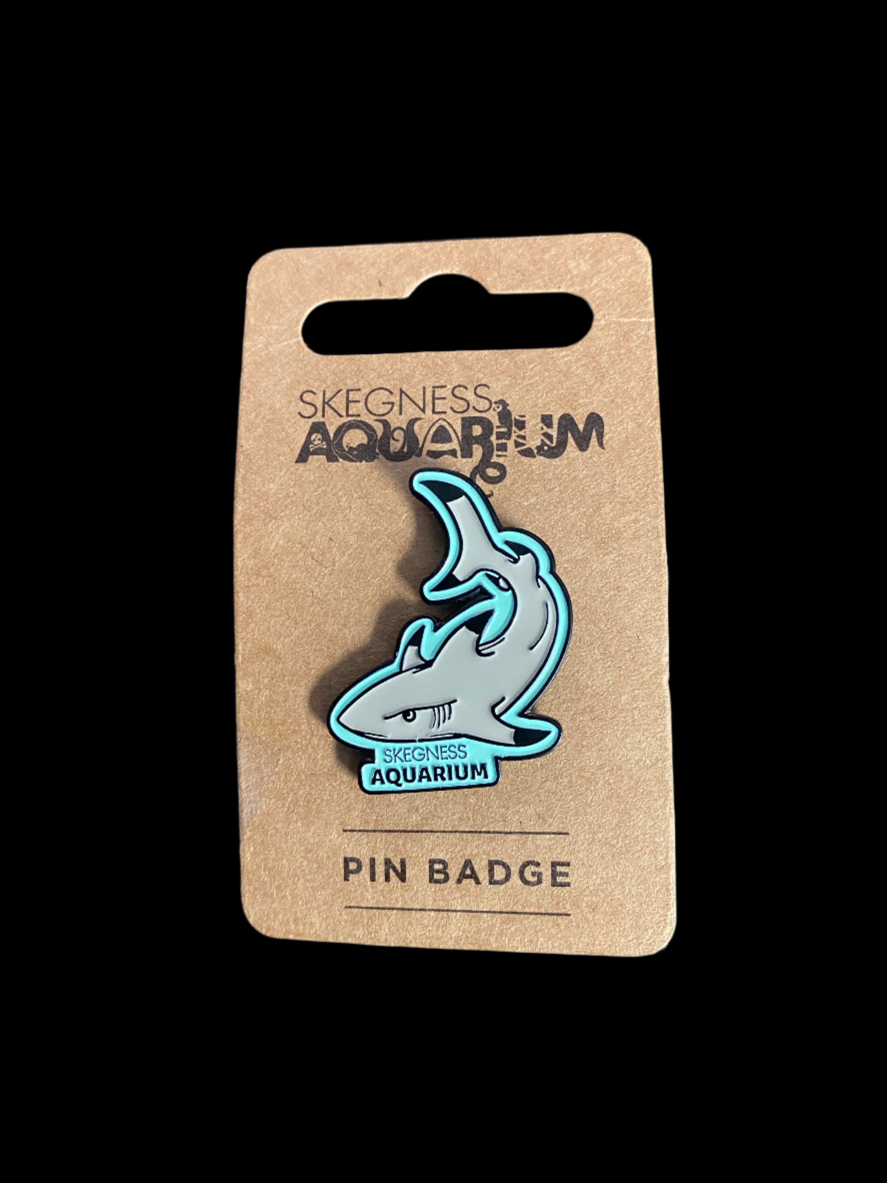 Pin badge on a cardboard backing with 'Skegness Aquarium' branding on a dark textured surface.